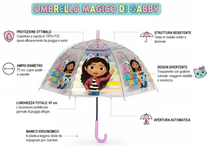 Ombrello a Cupola Gabby's Dollhouse Apertura Automatica Manico Ergonomico Accessorio per la Pioggia Bambini