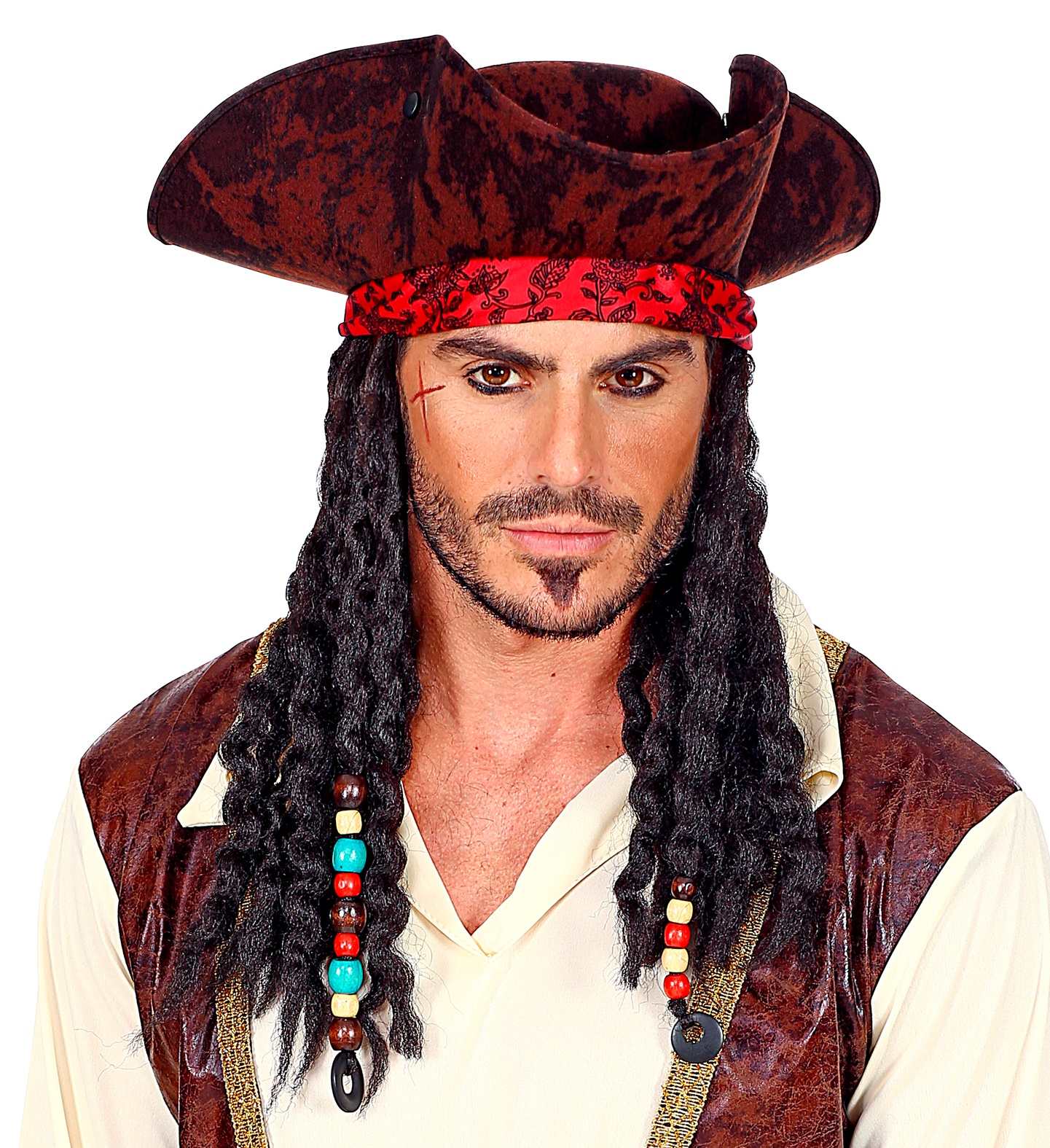 Tricorno Pirata con Bandana e Dreadlocks Cappello Adulti Accessorio Carnevale Cosplay Jack Sparrow - 01892