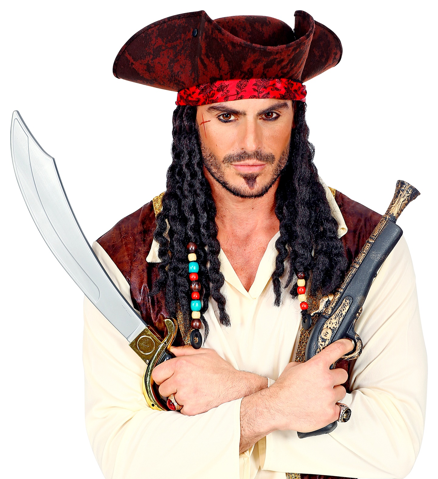 Tricorno Pirata con Bandana e Dreadlocks Cappello Adulti Accessorio Carnevale Cosplay Jack Sparrow - 01892