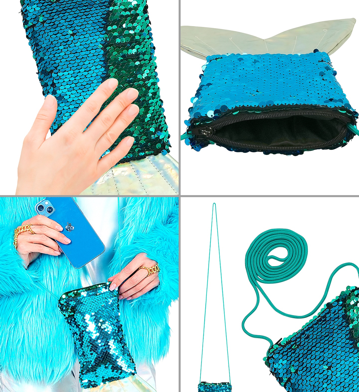 Borsetta a Tracolla Forma Coda di Sirena con Pailettes Accessorio Travestimenti Carnevale Cosplay - 12026