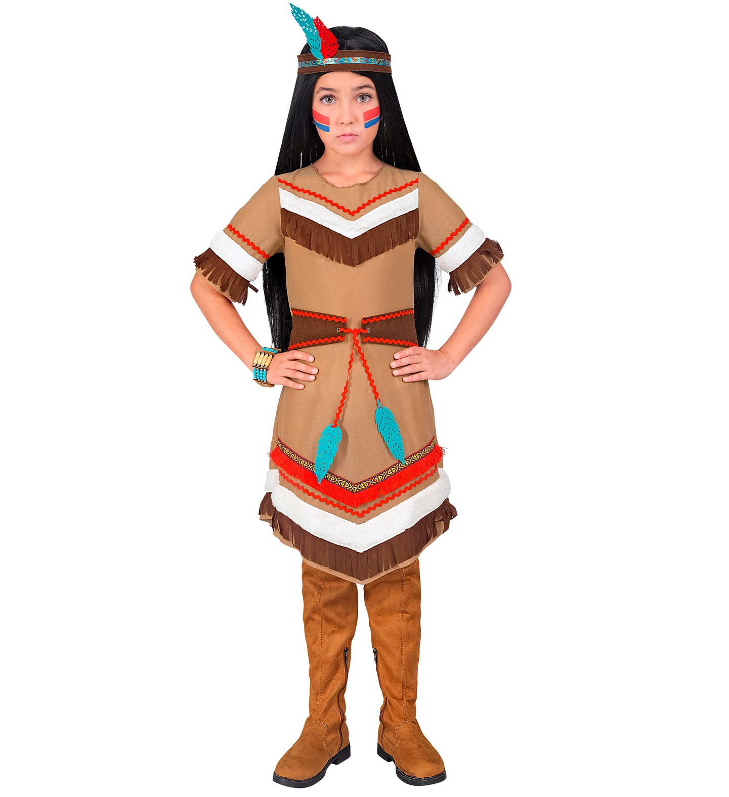 Costume Indiana Vestito e Fascia con Piuma Travestimento Carnevale Feste in Maschera - 2179