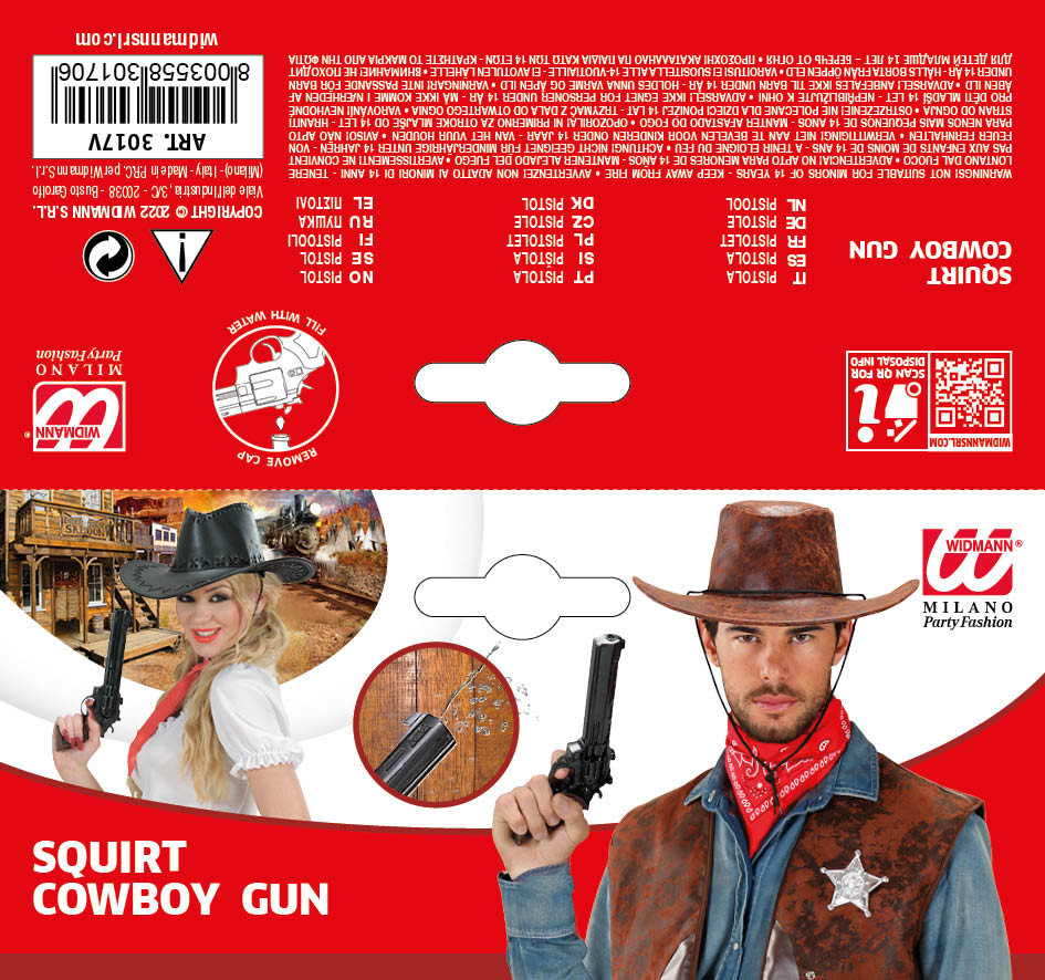 Pistola Giocattolo Cowboy a Spruzzo 30 CM Revolver Western Accessorio Travestimenti Feste a Tema - 3017v