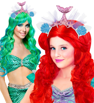 Cerchietto Tiara Sirena Rosa Glitterata con Conchiglie e Stelle Marine Accessorio Travestimenti - 30230