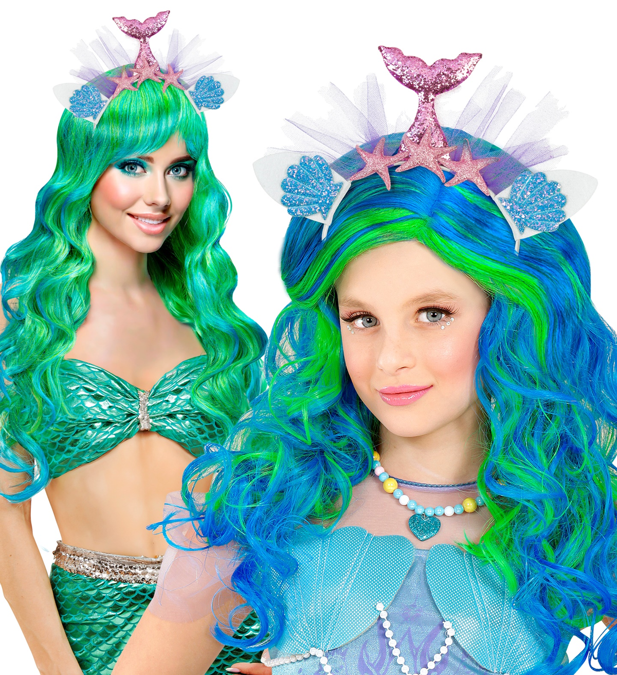 Cerchietto Tiara Sirena Rosa Glitterata con Conchiglie e Stelle Marine Accessorio Travestimenti - 30230