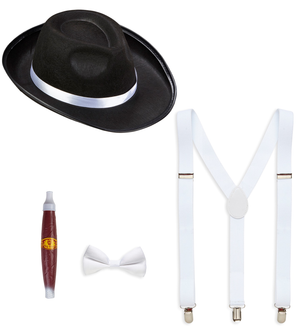 Set Travestimento Gangster 4 Pezzi Cappello Farfallino Bretelle Sigaro Accessori Costume Carnevale - 68555
