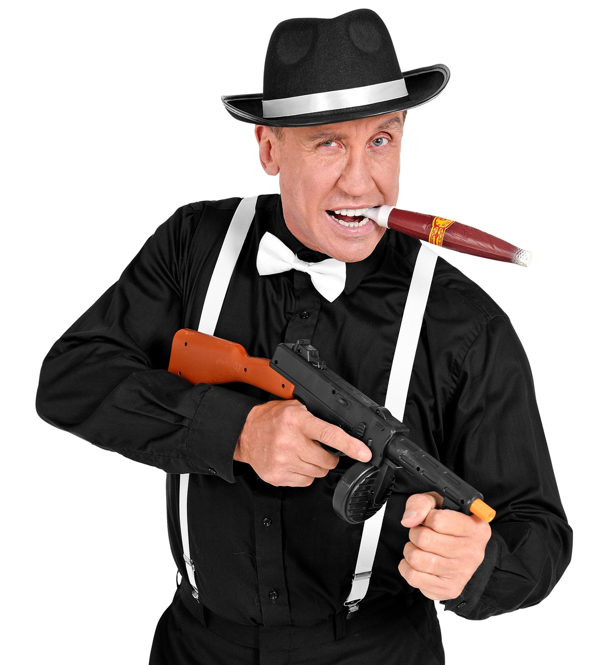 Set Travestimento Gangster 4 Pezzi Cappello Farfallino Bretelle Sigaro Accessori Costume Carnevale - 68555