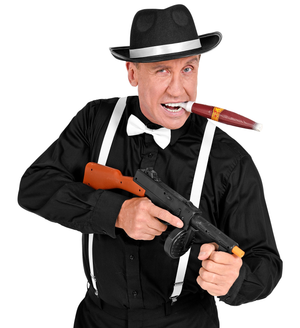 Set Travestimento Gangster 4 Pezzi Cappello Farfallino Bretelle Sigaro Accessori Costume Carnevale - 68555