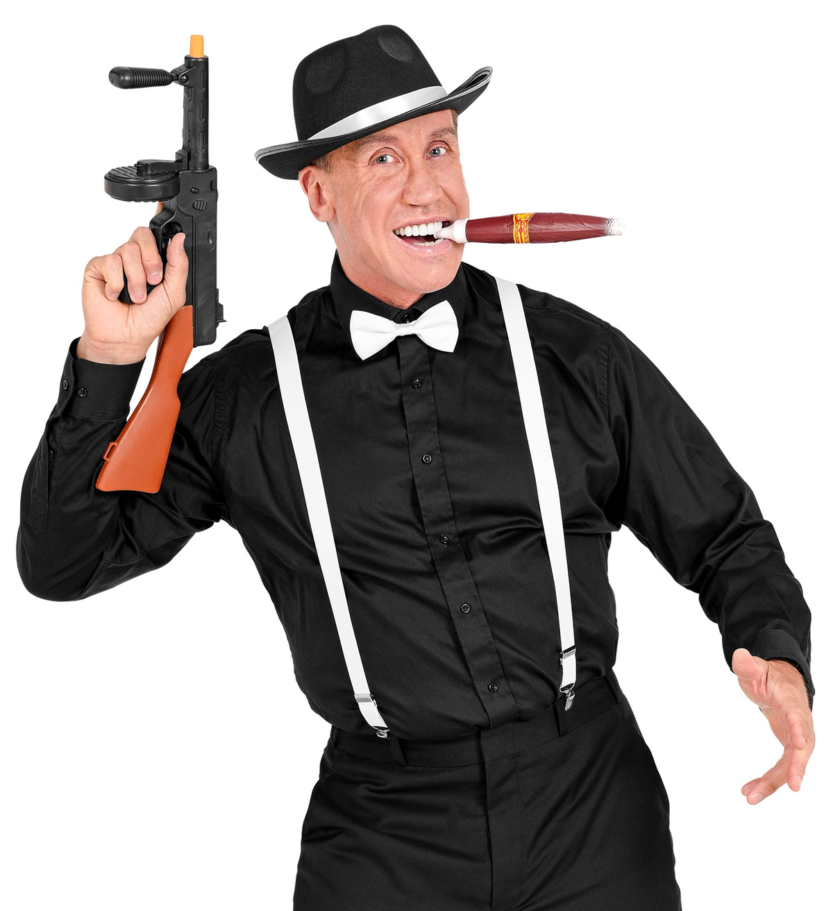 Set Travestimento Gangster 4 Pezzi Cappello Farfallino Bretelle Sigaro Accessori Costume Carnevale - 68555