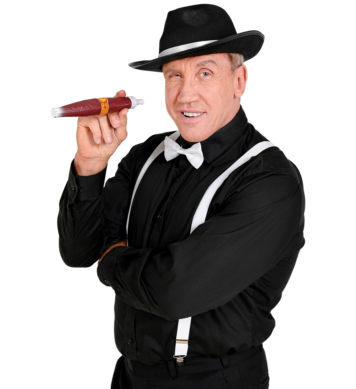 Set Travestimento Gangster 4 Pezzi Cappello Farfallino Bretelle Sigaro Accessori Costume Carnevale - 68555