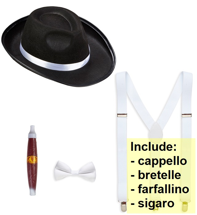 Set Travestimento Gangster 4 Pezzi Cappello Farfallino Bretelle Sigaro Accessori Costume Carnevale - 68555