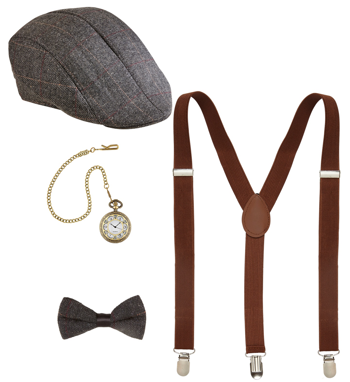 Set Travestimento Moda Anni 20 4 Pezzi Coppola Farfallino Bretelle Orologio Accessori Costume Carnevale - 68559