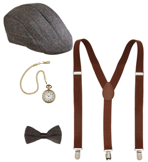 Set Travestimento Moda Anni 20 4 Pezzi Coppola Farfallino Bretelle Orologio Accessori Costume Carnevale - 68559