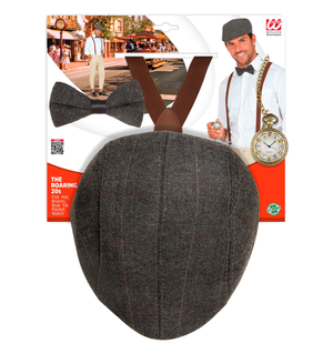 Set Travestimento Moda Anni 20 4 Pezzi Coppola Farfallino Bretelle Orologio Accessori Costume Carnevale - 68559