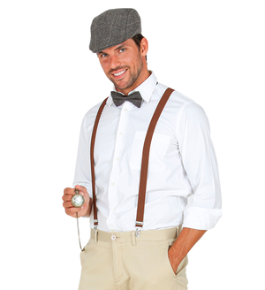 Set Travestimento Moda Anni 20 4 Pezzi Coppola Farfallino Bretelle Orologio Accessori Costume Carnevale - 68559