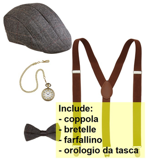 Set Travestimento Moda Anni 20 4 Pezzi Coppola Farfallino Bretelle Orologio Accessori Costume Carnevale - 68559