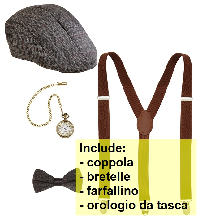 Set Travestimento Moda Anni 20 4 Pezzi Coppola Farfallino Bretelle Orologio Accessori Costume Carnevale - 68559