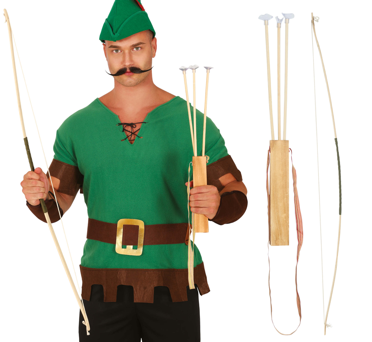 Set Arciere 105 Arco Faretra in Legno 3 Frecce Accessorio Travestimento Cosplay Carnevale - 17413