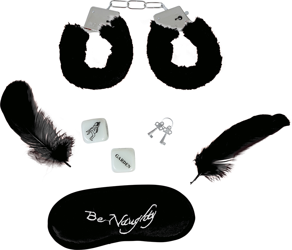 Set Giochi di Coppia 5 Pezzi Mascherina Manette Piume Dadi Accessori Idea Regalo - 69050