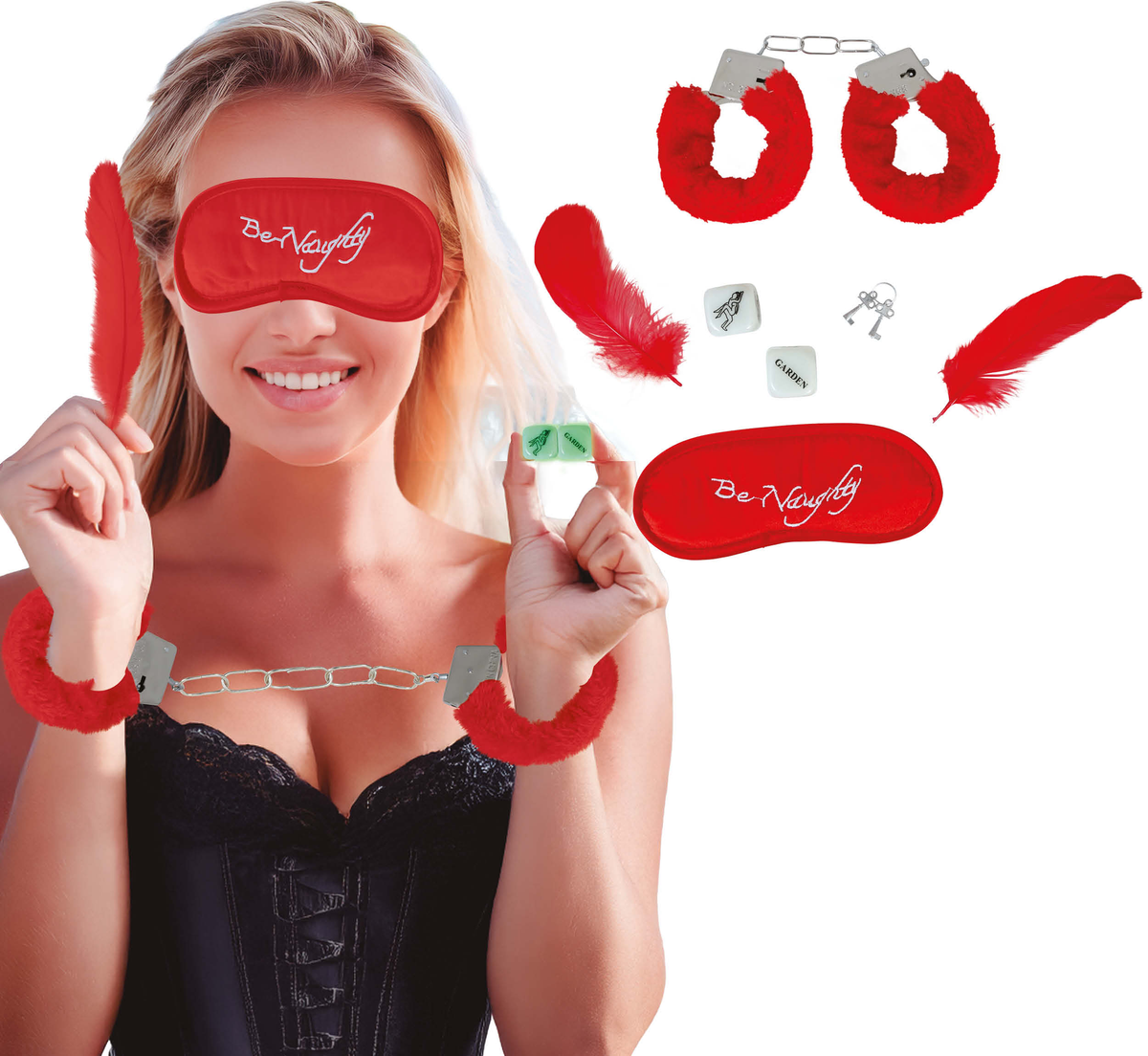 Set Giochi di Coppia 5 Pezzi Mascherina Manette Piume Dadi Accessori Idea Regalo - 69052