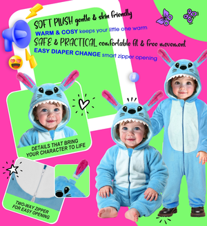Costume Mostro Stitch in Morbido Velluto Tuta con Cappuccio Travestimento Carnevale Cosplay Feste in Maschera - 9542