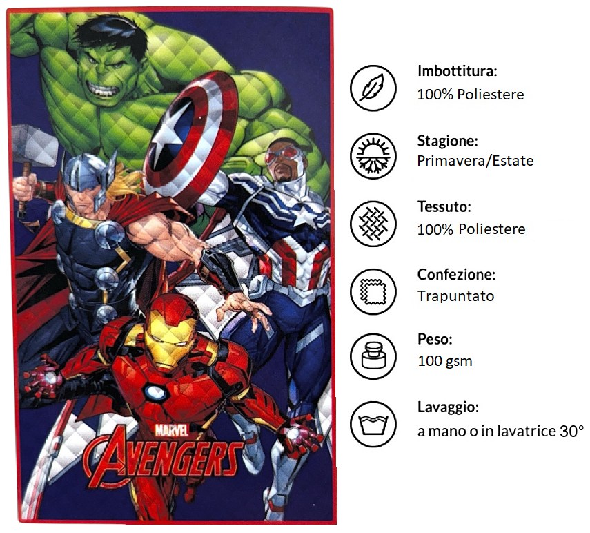 Trapuntino Avengers MARVEL Coperta Copriletto Trapuntato 100 Gsm Letto Singolo 150x250 CM - Je14390ad