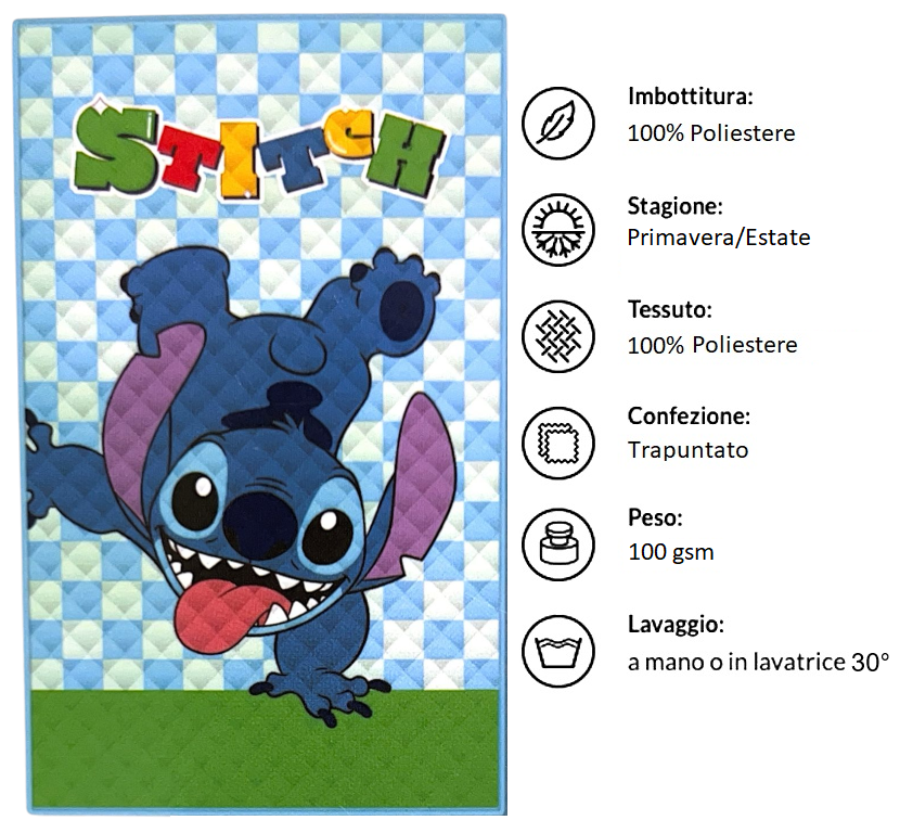 Trapuntino Stitch DISNEY Coperta Copriletto Trapuntato 100 Gsm Letto Singolo 150x250 CM - Je14384ad