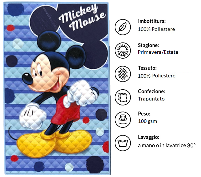 Trapuntino Topolino DISNEY Coperta Copriletto Trapuntato 100 Gsm Letto Singolo 150x250 CM - Je14380ad
