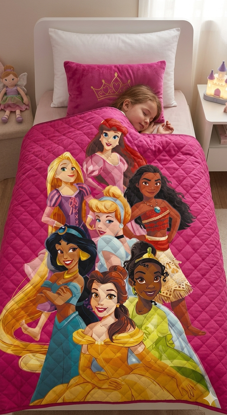 Trapuntino Principesse DISNEY Coperta Copriletto Trapuntato 100 Gsm Letto Singolo 150x250 CM - Je14387ad