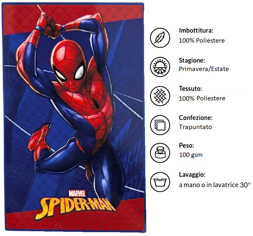 Trapuntino Spiderman MARVEL Coperta Copriletto Trapuntato 100 Gsm Letto Singolo 150x250 CM - Je14388ad