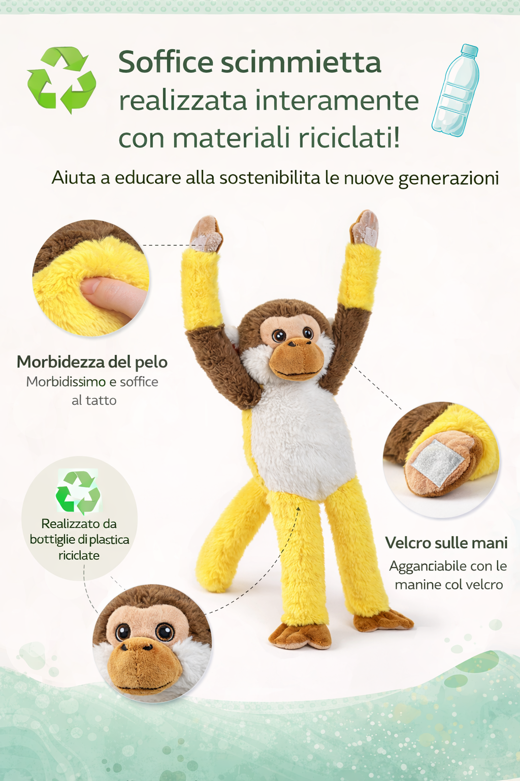 Peluche Scimmia con Velcro 39 CM Pupazzo Realizzato in Plastica Reciclata - 800235/1