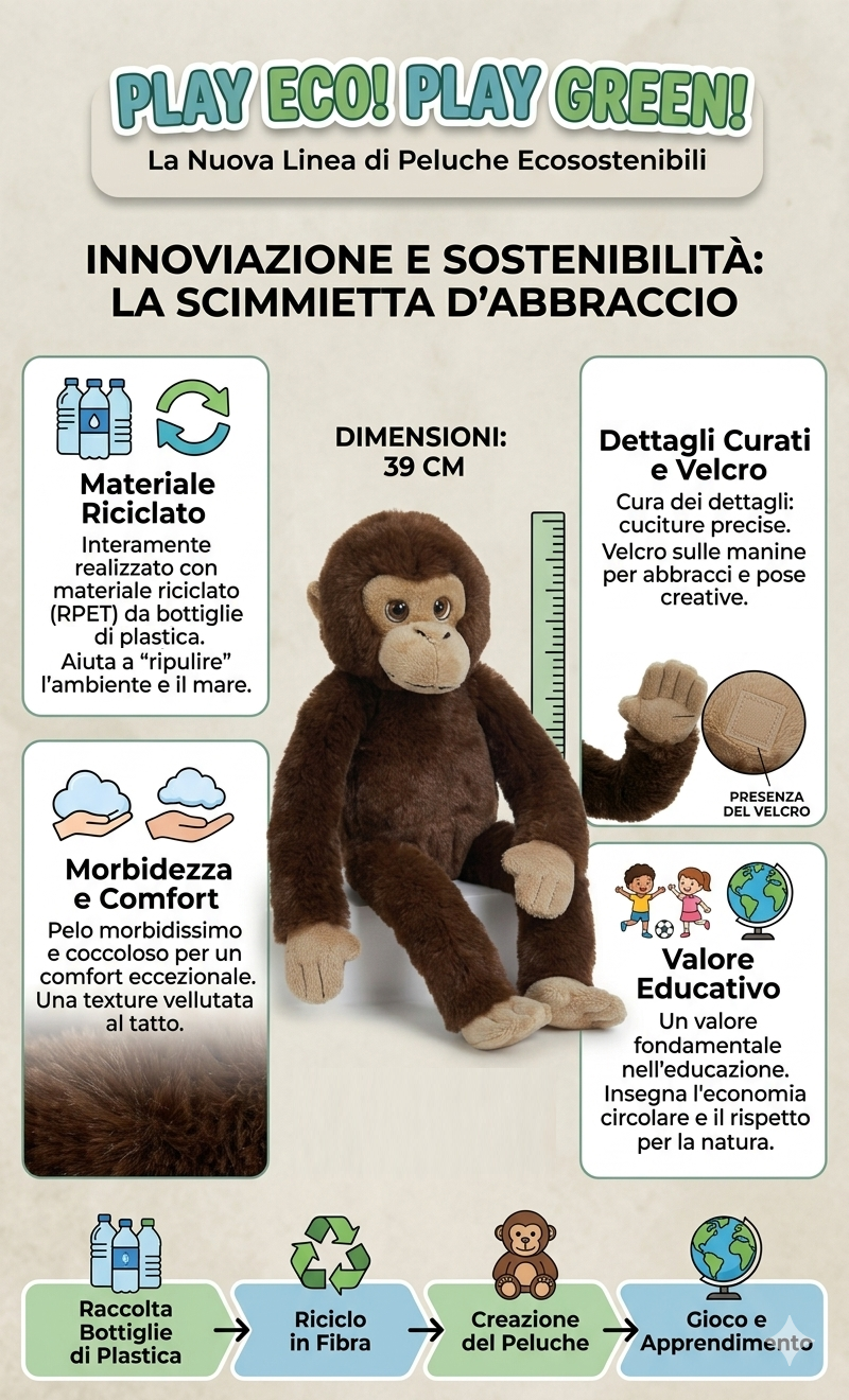 Peluche Scimmia con Velcro 39 CM Pupazzo Realizzato in Plastica Reciclata - 800235/2