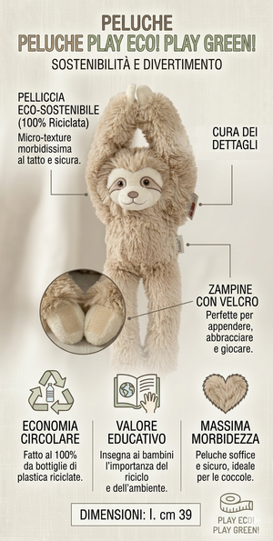 Peluche Bradipo con Velcro 39 CM Pupazzo Realizzato in Plastica Reciclata - 800235/3