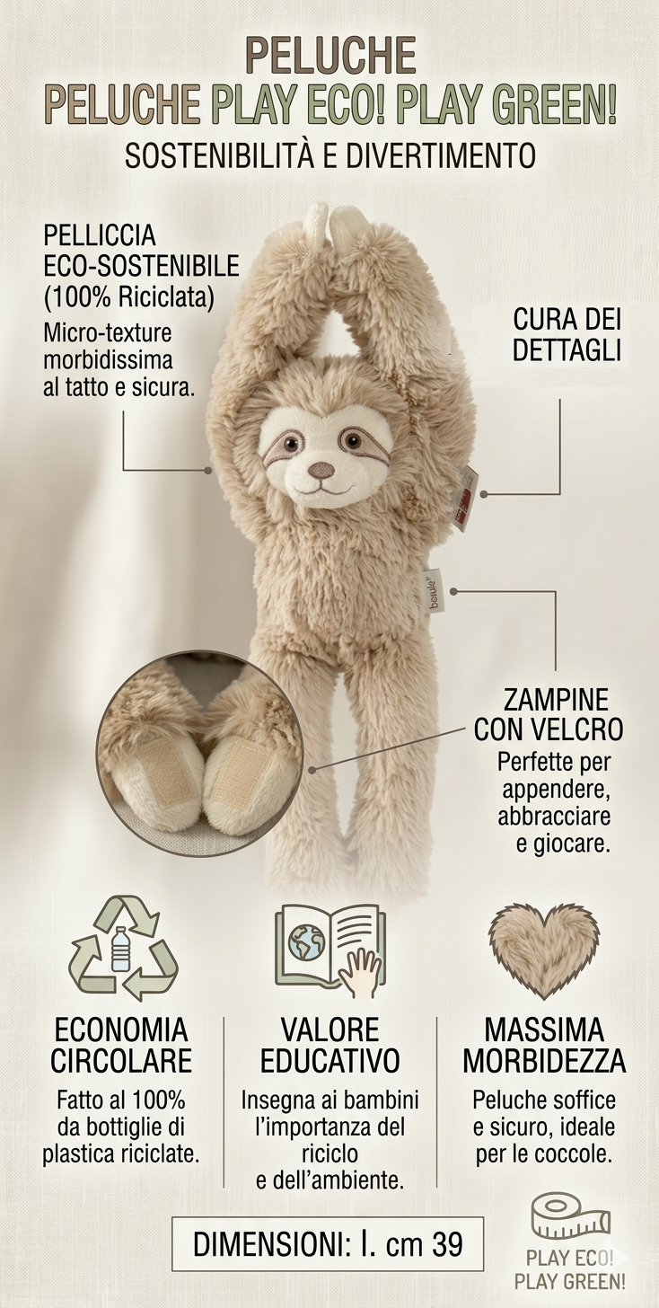 Peluche Bradipo con Velcro 39 CM Pupazzo Realizzato in Plastica Reciclata - 800235/3