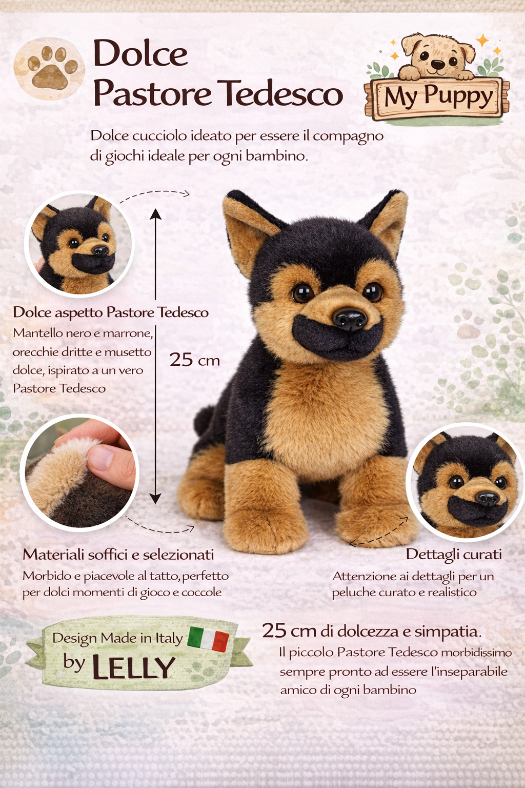 Peluche Pastore Tedesco CM 25 Pupazzo per Bambini Lelly - 642308