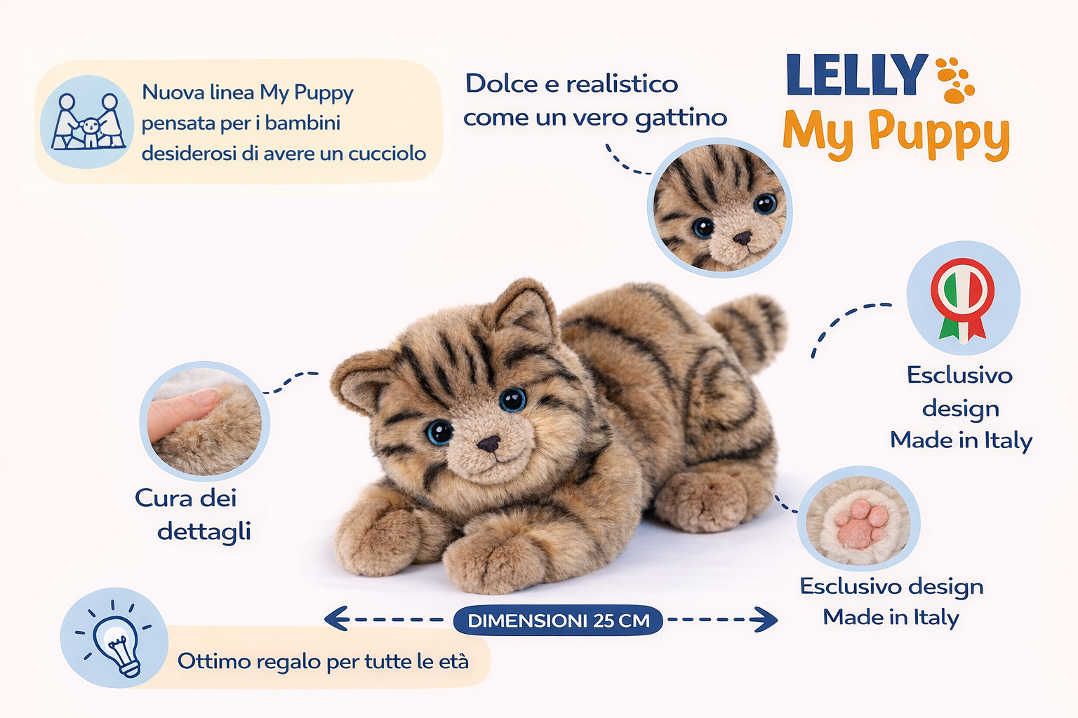 Peluche Gatto Milu CM 25 Pupazzo Gatto Grigio per Bambini Lelly - 631904