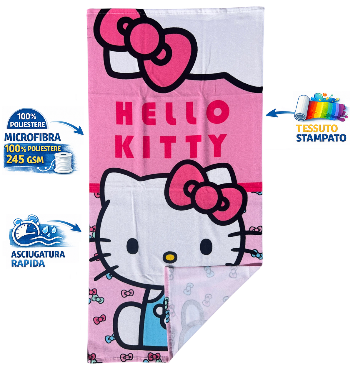 Telo Mare Hello Kitty Sanrio Asciugamano per Bambini in Microfibra CM 140x70 - Hk37-0025