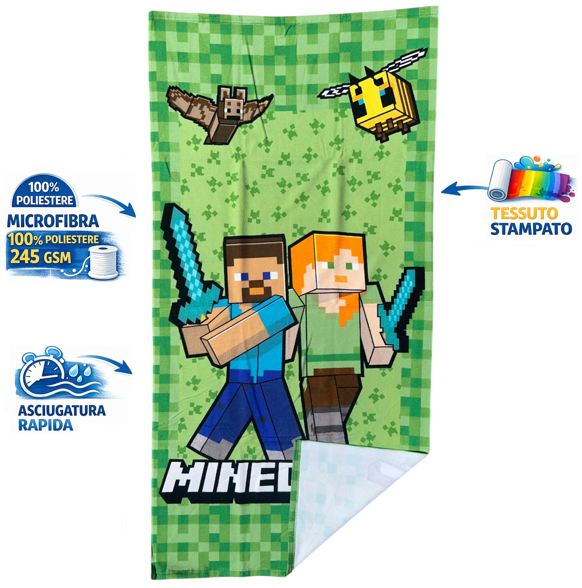 Telo Mare Minecraft Asciugamano per Bambini in Microfibra CM 140x70 - Mnc37-6004