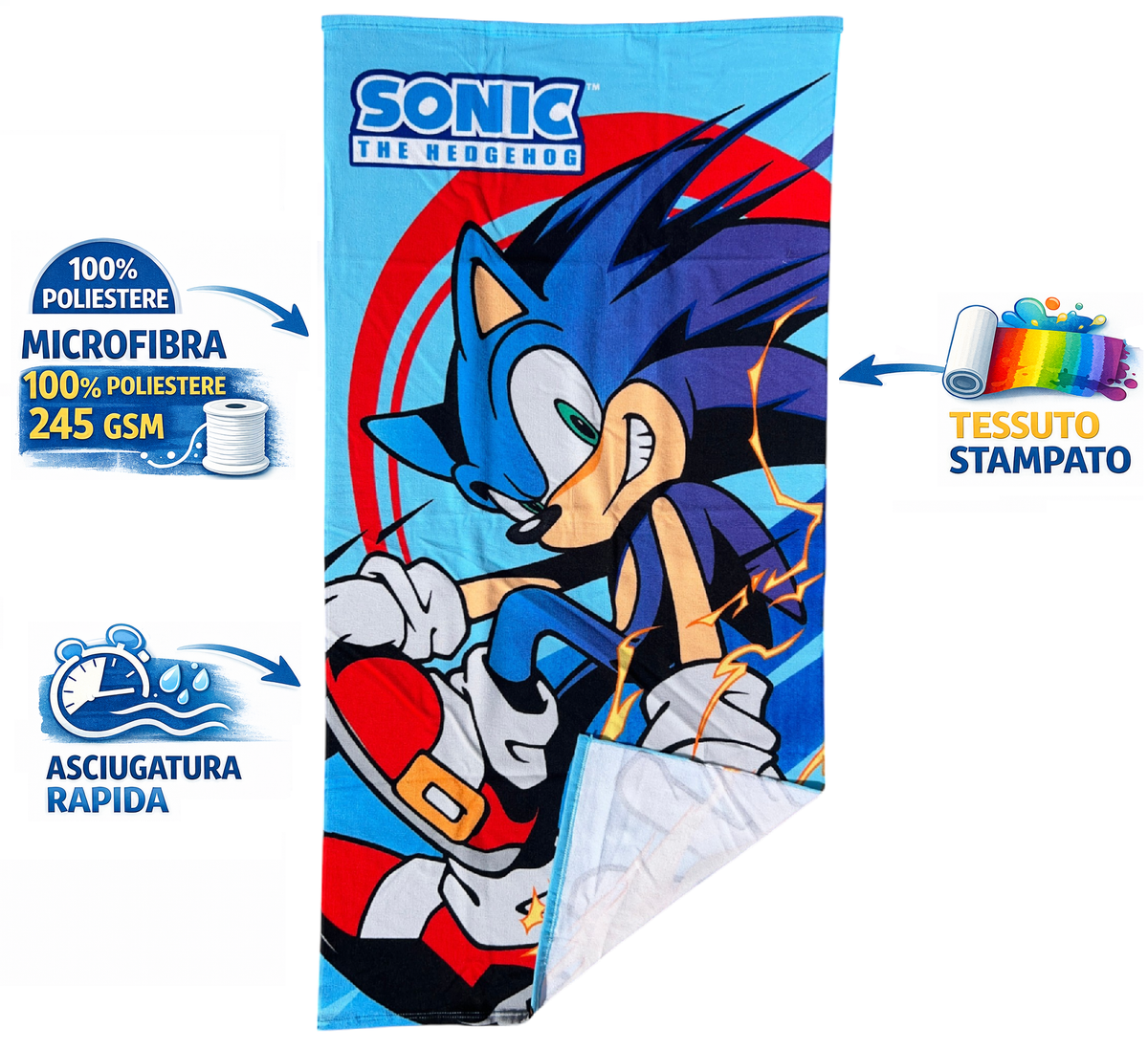 Telo Mare Sonic Asciugamano per Bambini in Microfibra CM 140x70 - Son37-6108