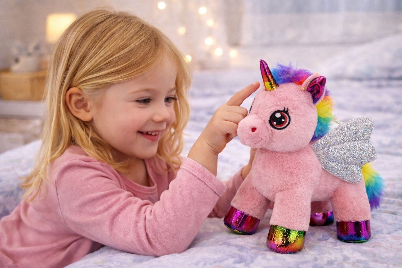 Peluche Unicorno Rosa CM 25 Pupazzo per Bambini con Dettagli Glitterati Lelly - 721012