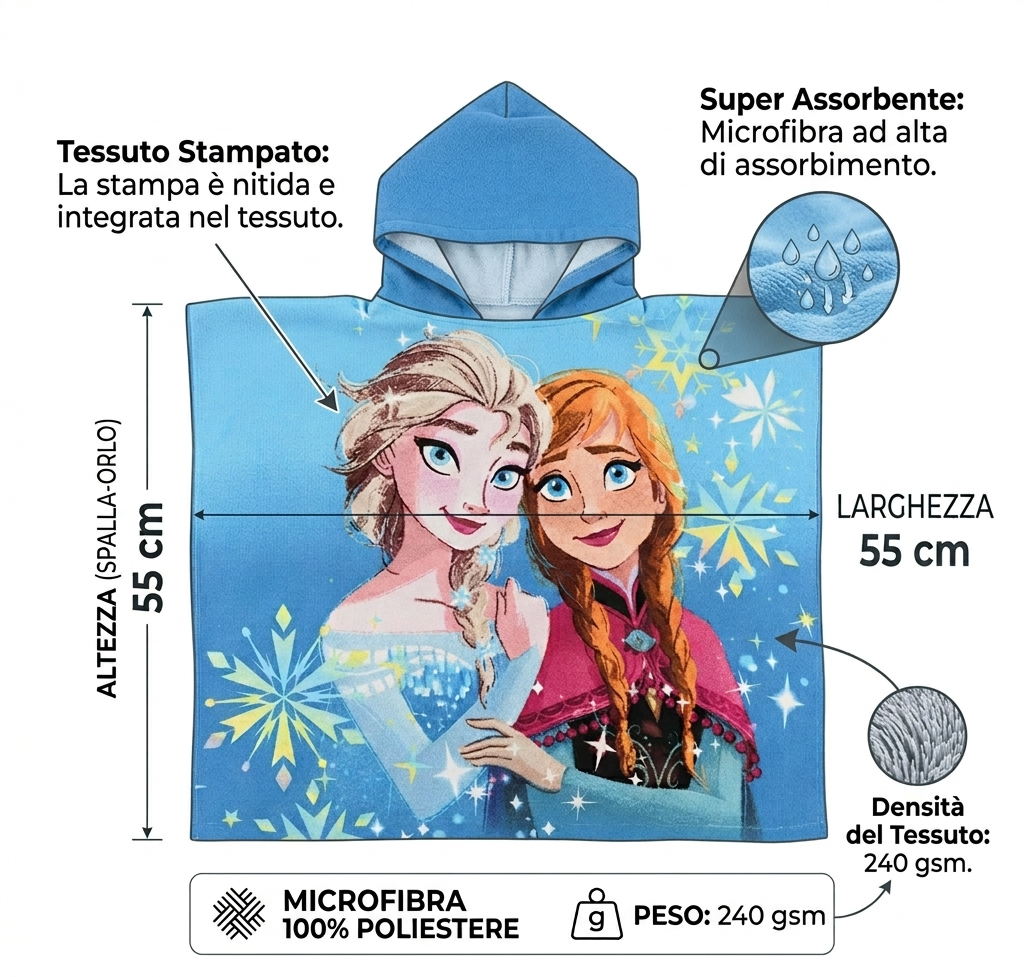 Poncho Mare Frozen DISNEY Microfibra Accappatoio con Cappuccio 110x55 CM - Ez18058