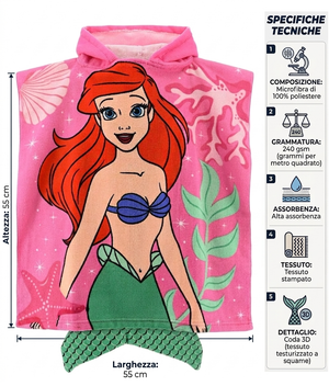 Poncho Mare Ariel DISNEY 110 X 55 CM con Coda Accappatoio per Bambine Microfibra - Ez18014