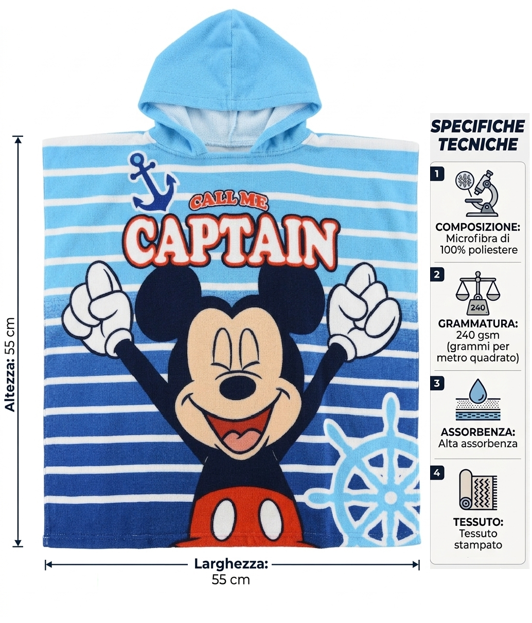Poncho Mare Topolino DISNEY Microfibra Accappatoio con Cappuccio 110x55 CM Spiaggia Piscina - Ez18121