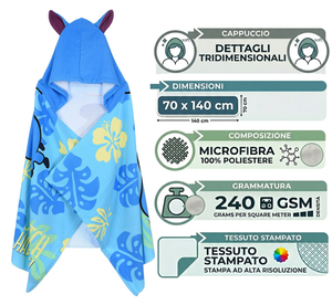 Mantella Mare Stitch DISNEY Telo con Cappuccio 3d 70x140 CM in Microfibra Bagno Piscina Spiaggia - Ez18220