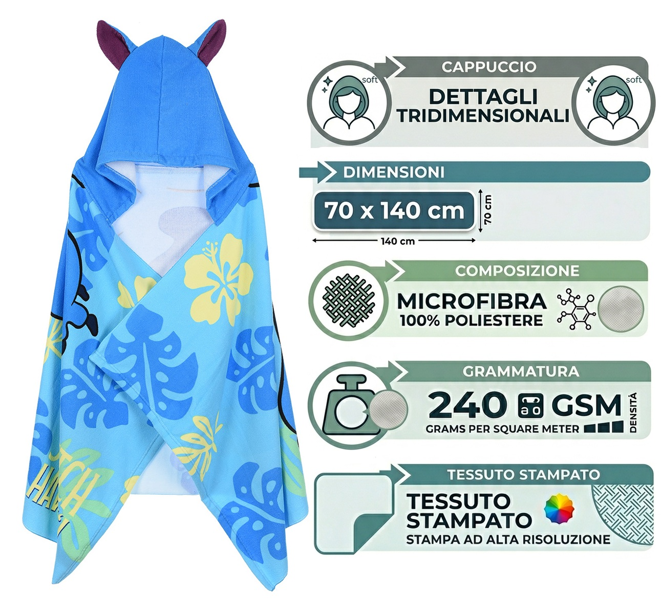 Mantella Mare Stitch DISNEY Telo con Cappuccio 3d 70x140 CM in Microfibra Bagno Piscina Spiaggia - Ez18220