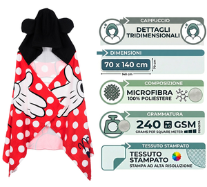 Mantella Mare Minnie DISNEY Telo con Cappuccio 3d 70x140 CM in Microfibra Bagno Piscina Spiaggia - Ez18214