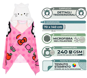 Mantella Mare Hello Kitty Telo con Cappuccio 3d 70x140 CM in Microfibra Bagno Piscina Spiaggia - Ez18212