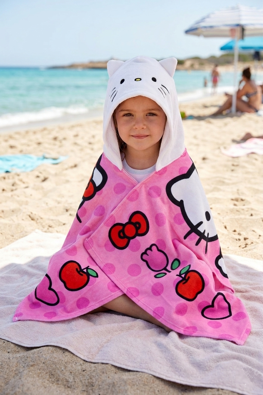 Mantella Mare Hello Kitty Telo con Cappuccio 3d 70x140 CM in Microfibra Bagno Piscina Spiaggia - Ez18212