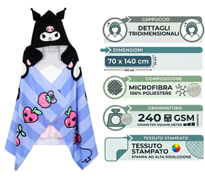 Mantella Mare Kuromi Sanrio Telo con Cappuccio 3d 70x140 CM in Microfibra Bagno Piscina Spiaggia - Ez18213