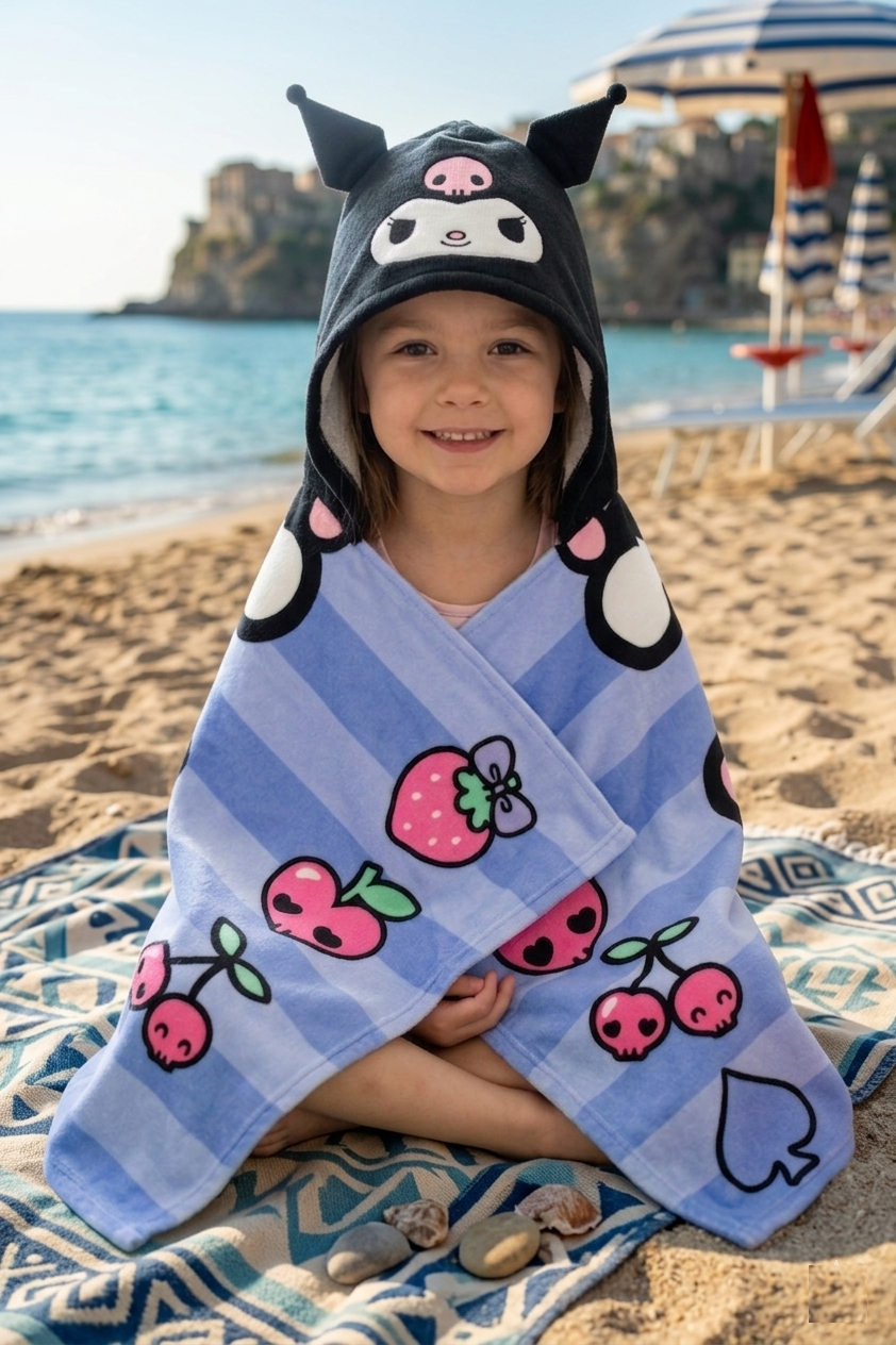 Mantella Mare Kuromi Sanrio Telo con Cappuccio 3d 70x140 CM in Microfibra Bagno Piscina Spiaggia - Ez18213