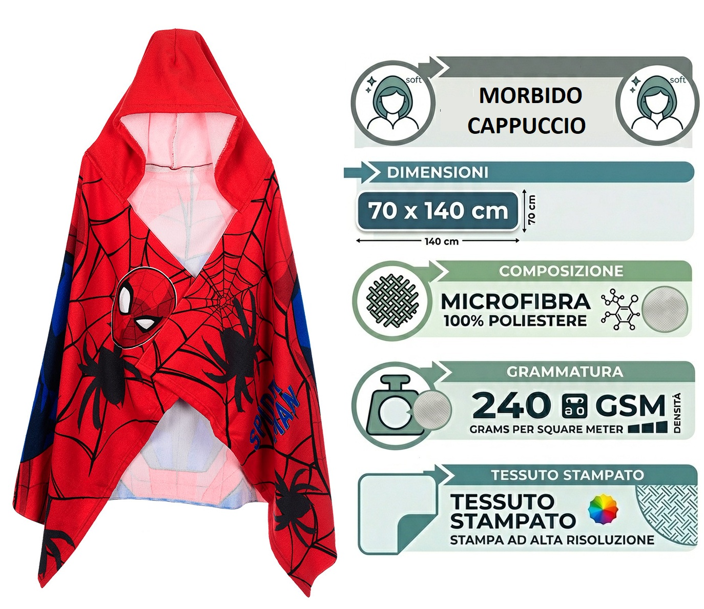 Mantella Mare Spiderman MARVEL Telo con Cappuccio 70x140 CM in Microfibra Bagno Piscina Spiaggia - Ez18217